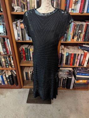 Silk Studio 100% Silk Black Beaded Art Deco Evening Maxi Dress Womens Size 10